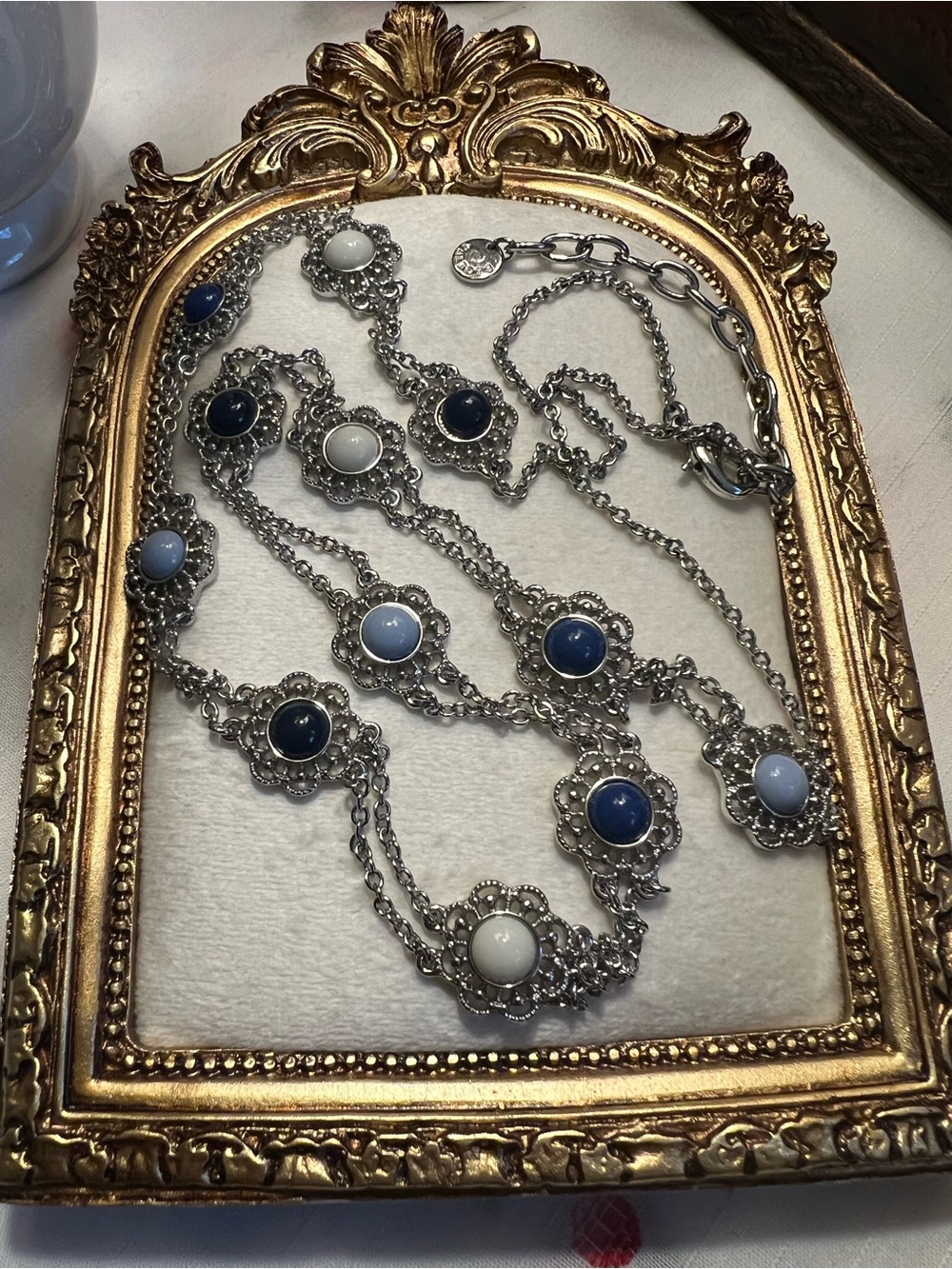 Talbots Silver-Tone Necklace with Blue and White Cabochons